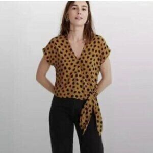 Polka Dot Wrap Tie-Front Top in Mustard